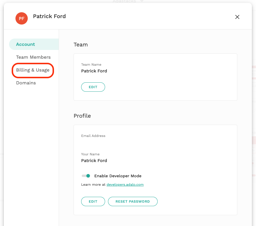 The Billing and Usage tab is on the left side of the modal.