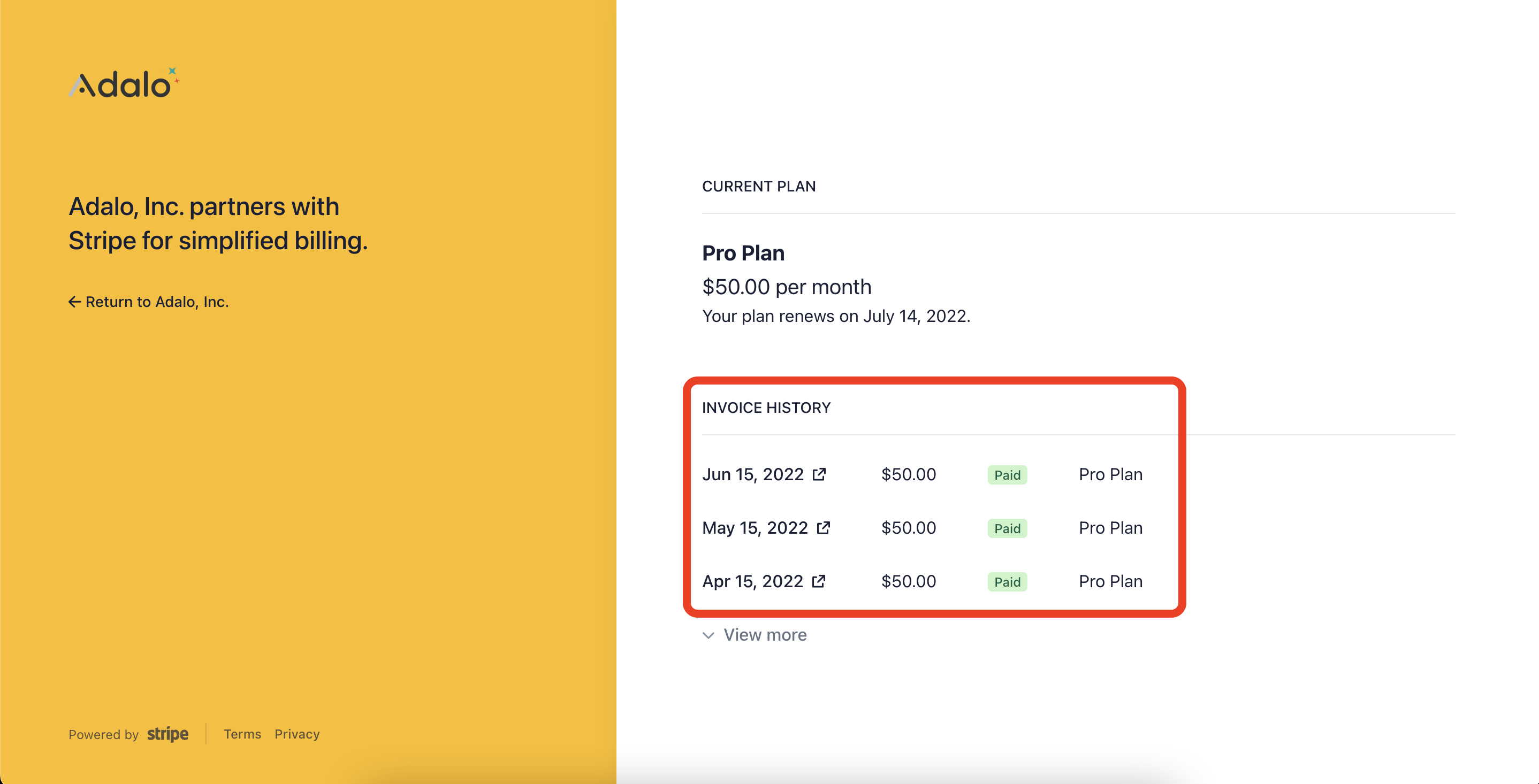 The red box denotes the list of your most recent invoices.